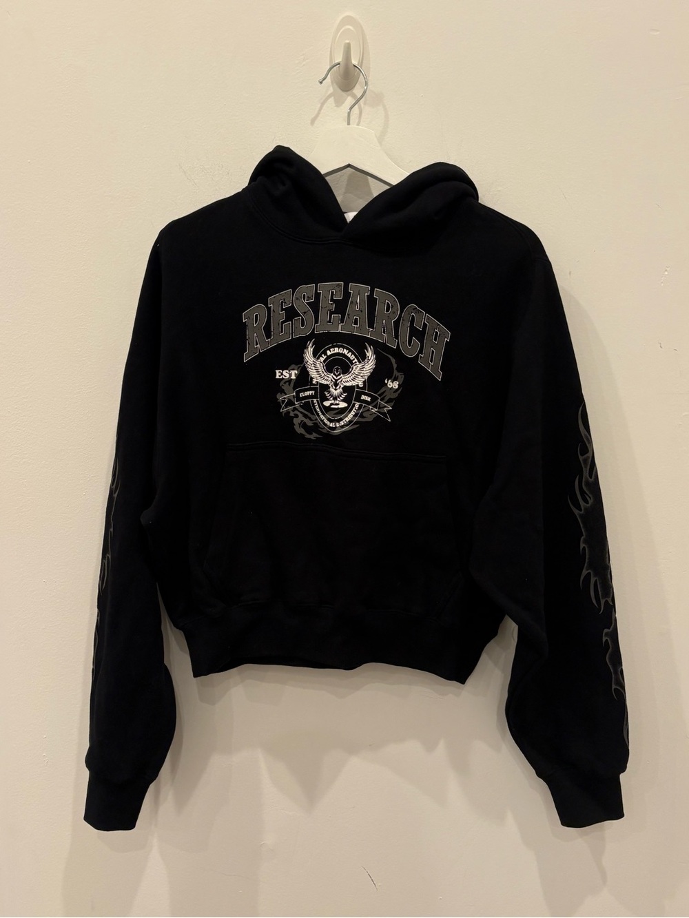 Floppy Disk Research Graphic Black Hoodie Sweatshirt sz S cropped grunge